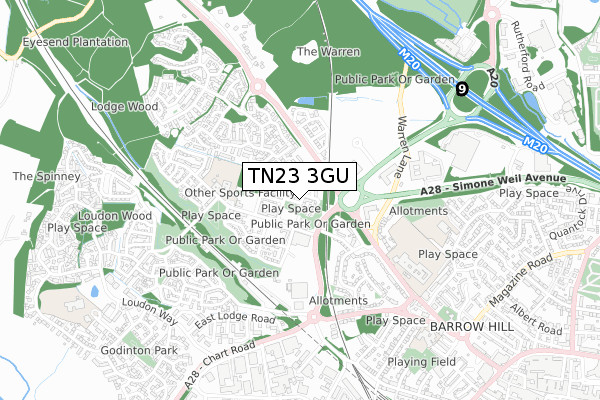 TN23 3GU map - small scale - OS Open Zoomstack (Ordnance Survey)