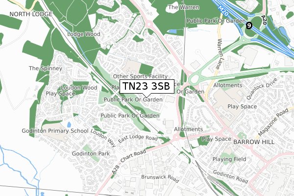 TN23 3SB map - small scale - OS Open Zoomstack (Ordnance Survey)