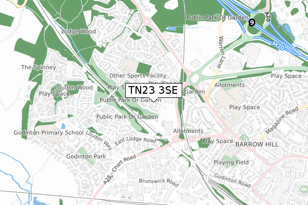 TN23 3SE map - small scale - OS Open Zoomstack (Ordnance Survey)