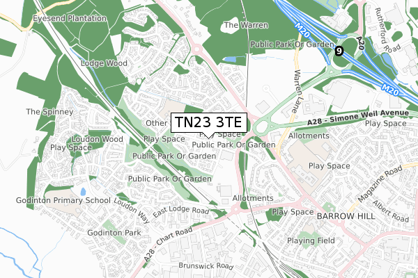 TN23 3TE map - small scale - OS Open Zoomstack (Ordnance Survey)