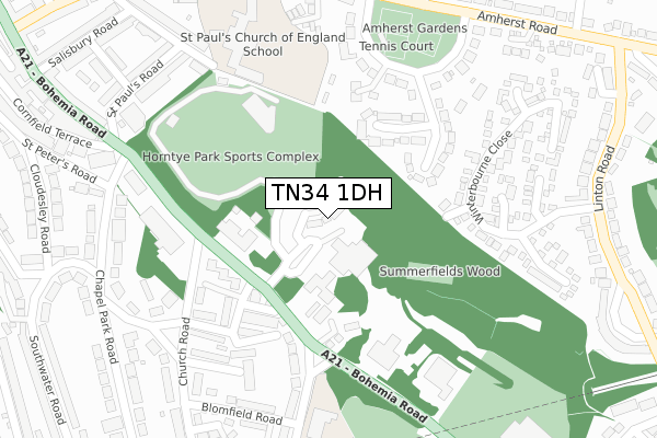 TN34 1DH map - large scale - OS Open Zoomstack (Ordnance Survey)