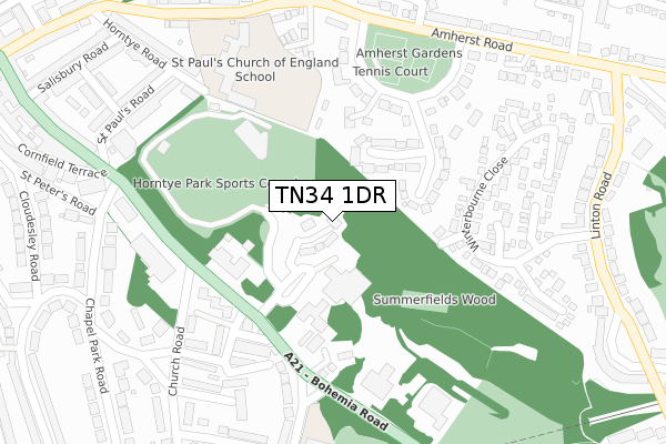 TN34 1DR map - large scale - OS Open Zoomstack (Ordnance Survey)