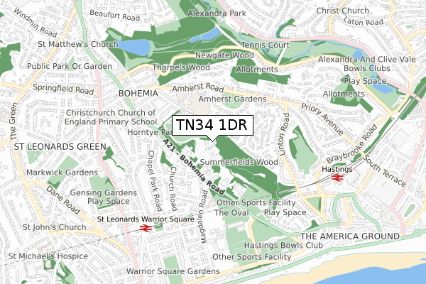 TN34 1DR map - small scale - OS Open Zoomstack (Ordnance Survey)