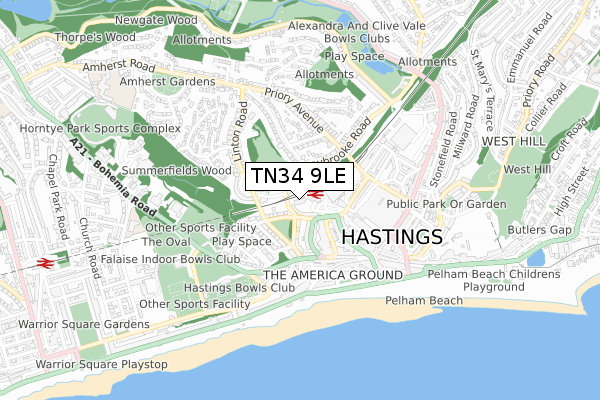 TN34 9LE map - small scale - OS Open Zoomstack (Ordnance Survey)