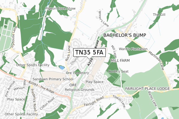 TN35 5FA map - small scale - OS Open Zoomstack (Ordnance Survey)