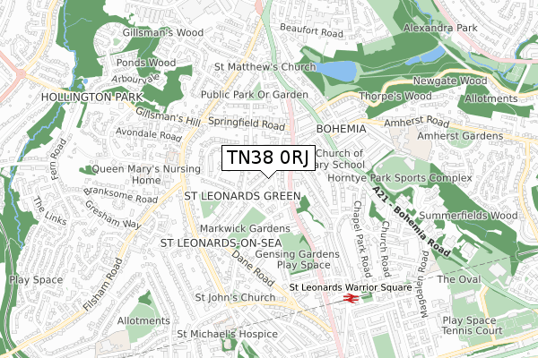 TN38 0RJ map - small scale - OS Open Zoomstack (Ordnance Survey)