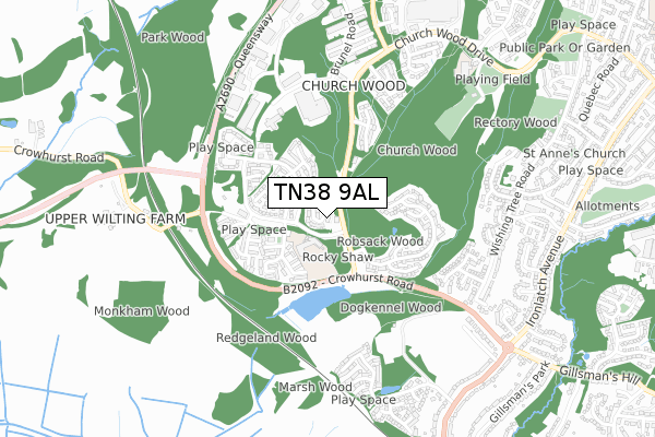 TN38 9AL map - small scale - OS Open Zoomstack (Ordnance Survey)