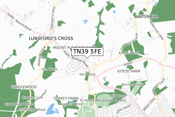 TN39 5FE map - small scale - OS Open Zoomstack (Ordnance Survey)