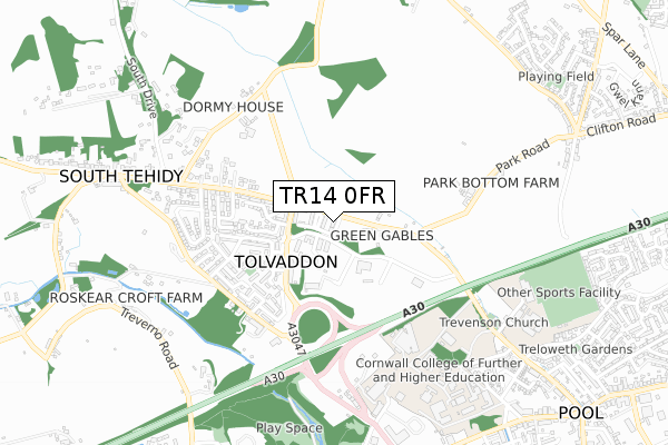 TR14 0FR map - small scale - OS Open Zoomstack (Ordnance Survey)