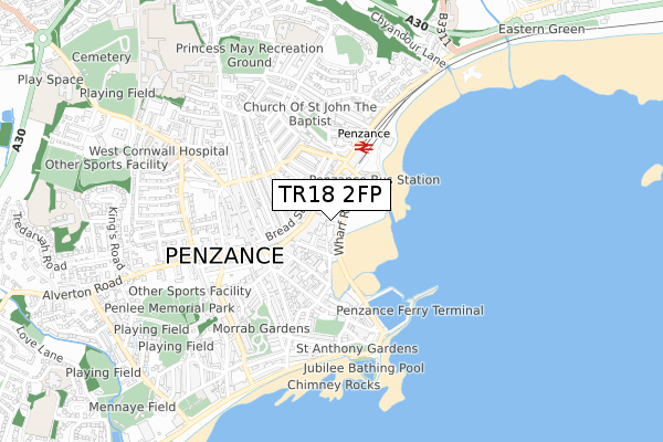 TR18 2FP map - small scale - OS Open Zoomstack (Ordnance Survey)