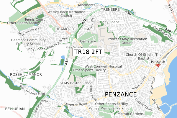 TR18 2FT map - small scale - OS Open Zoomstack (Ordnance Survey)