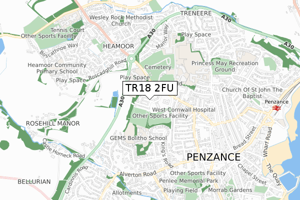 TR18 2FU map - small scale - OS Open Zoomstack (Ordnance Survey)