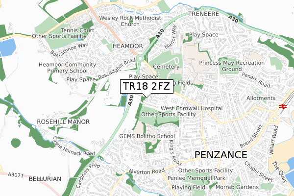 TR18 2FZ map - small scale - OS Open Zoomstack (Ordnance Survey)