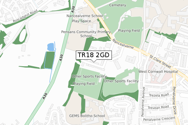 TR18 2GD map - large scale - OS Open Zoomstack (Ordnance Survey)