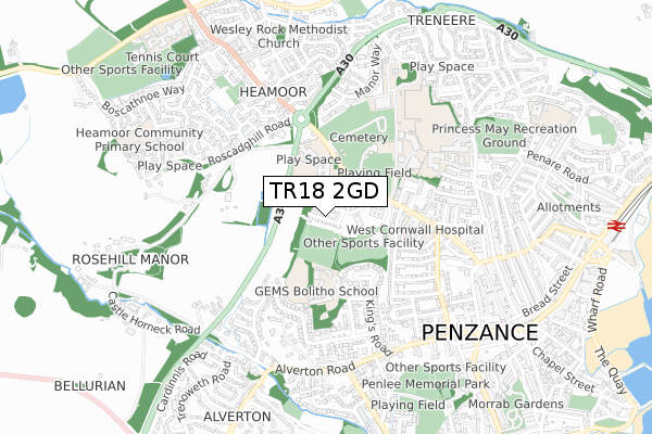 TR18 2GD map - small scale - OS Open Zoomstack (Ordnance Survey)