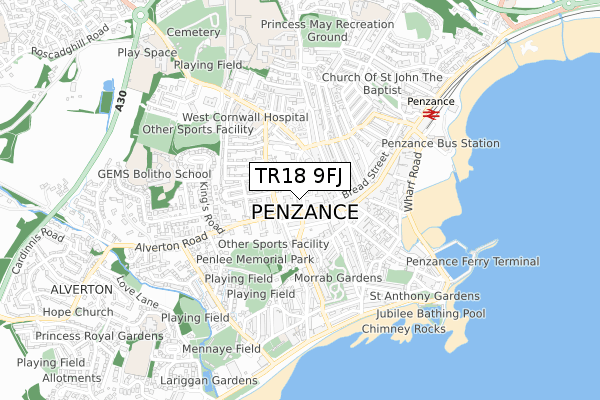 TR18 9FJ map - small scale - OS Open Zoomstack (Ordnance Survey)