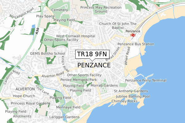 TR18 9FN map - small scale - OS Open Zoomstack (Ordnance Survey)