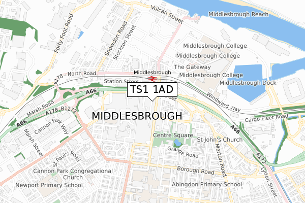 TS1 1AD map - small scale - OS Open Zoomstack (Ordnance Survey)