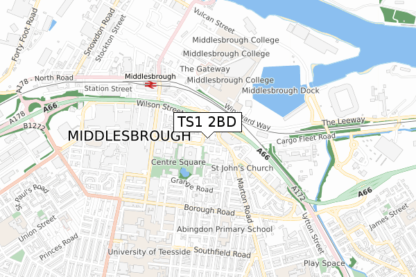 TS1 2BD map - small scale - OS Open Zoomstack (Ordnance Survey)