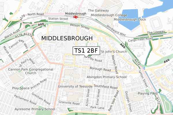 TS1 2BF map - small scale - OS Open Zoomstack (Ordnance Survey)