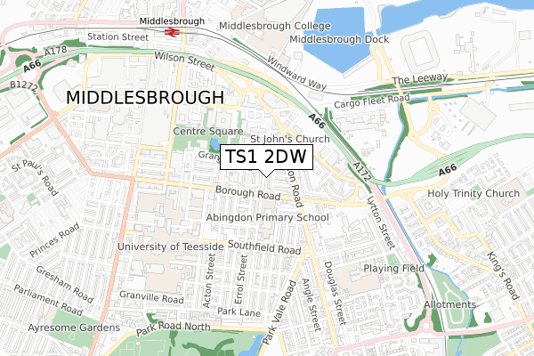 TS1 2DW map - small scale - OS Open Zoomstack (Ordnance Survey)