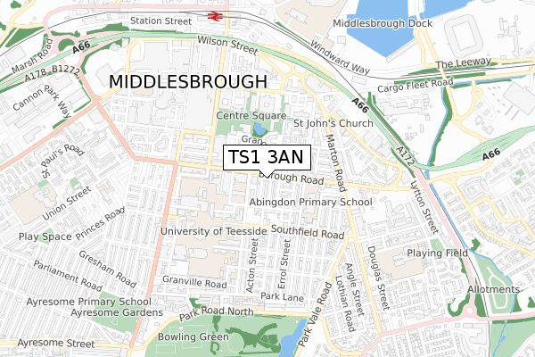 TS1 3AN map - small scale - OS Open Zoomstack (Ordnance Survey)