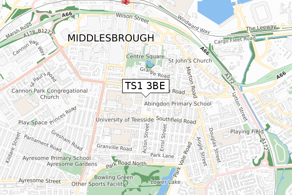 TS1 3BE map - small scale - OS Open Zoomstack (Ordnance Survey)