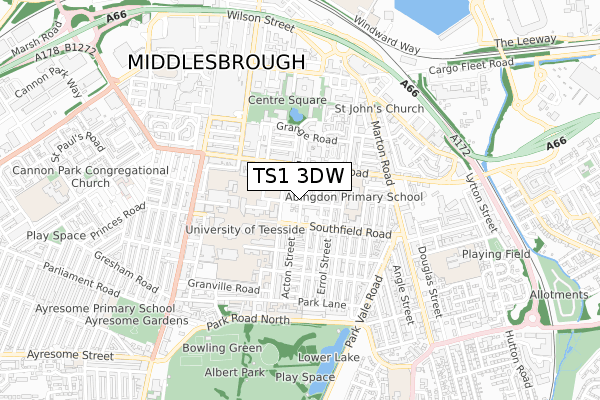 TS1 3DW map - small scale - OS Open Zoomstack (Ordnance Survey)