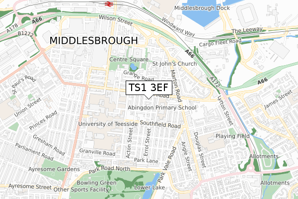 TS1 3EF map - small scale - OS Open Zoomstack (Ordnance Survey)