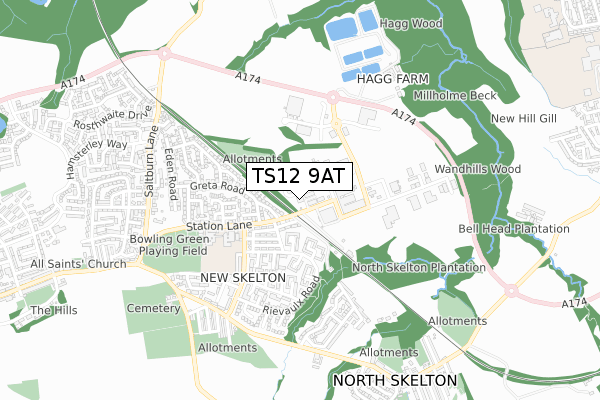 TS12 9AT map - small scale - OS Open Zoomstack (Ordnance Survey)