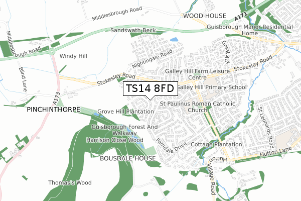 TS14 8FD map - small scale - OS Open Zoomstack (Ordnance Survey)