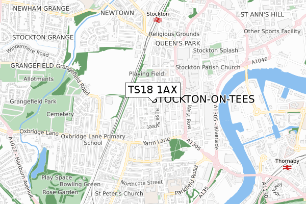 TS18 1AX map - small scale - OS Open Zoomstack (Ordnance Survey)