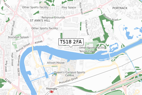 TS18 2FA map - small scale - OS Open Zoomstack (Ordnance Survey)