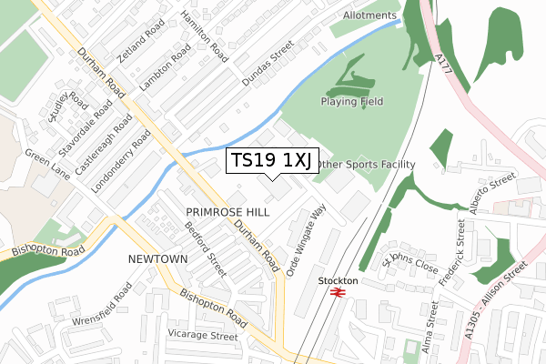 TS19 1XJ map - large scale - OS Open Zoomstack (Ordnance Survey)