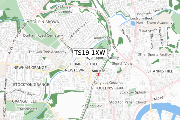 TS19 1XW map - small scale - OS Open Zoomstack (Ordnance Survey)