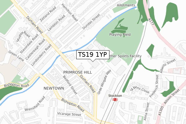 TS19 1YP map - large scale - OS Open Zoomstack (Ordnance Survey)