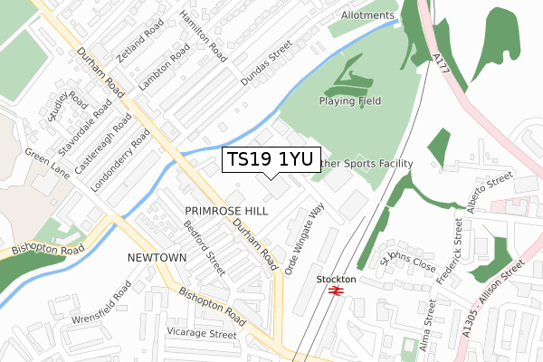 TS19 1YU map - large scale - OS Open Zoomstack (Ordnance Survey)