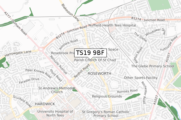 TS19 9BF map - small scale - OS Open Zoomstack (Ordnance Survey)