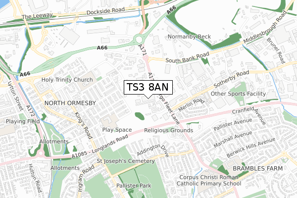 TS3 8AN map - small scale - OS Open Zoomstack (Ordnance Survey)