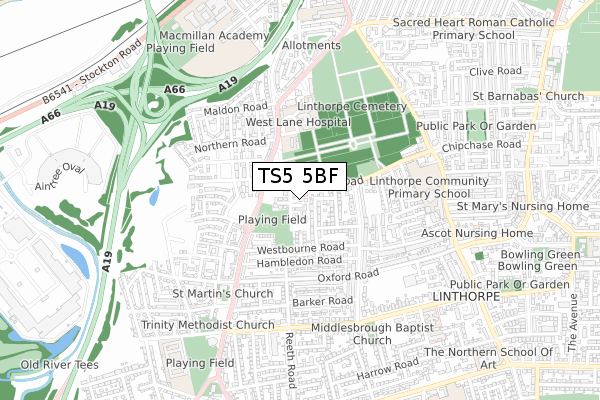 TS5 5BF map - small scale - OS Open Zoomstack (Ordnance Survey)