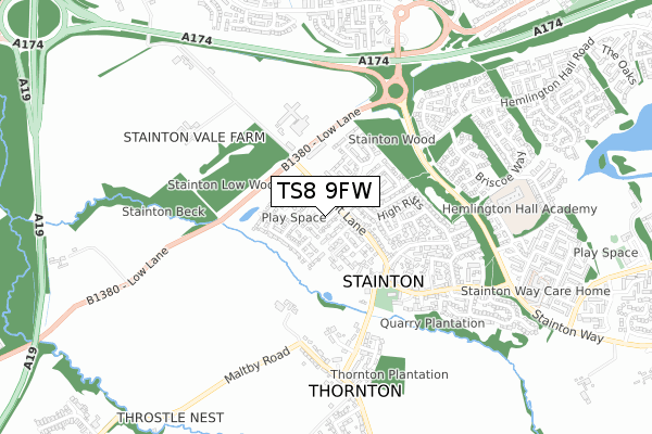 TS8 9FW map - small scale - OS Open Zoomstack (Ordnance Survey)