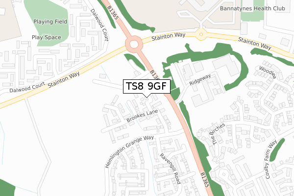 TS8 9GF map - large scale - OS Open Zoomstack (Ordnance Survey)