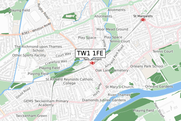 TW1 1FE map - small scale - OS Open Zoomstack (Ordnance Survey)