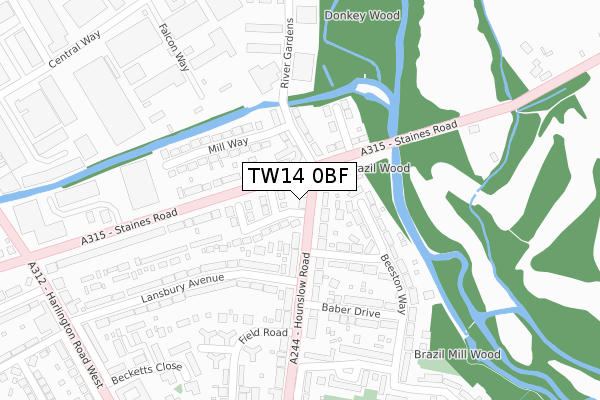 TW14 0BF map - large scale - OS Open Zoomstack (Ordnance Survey)