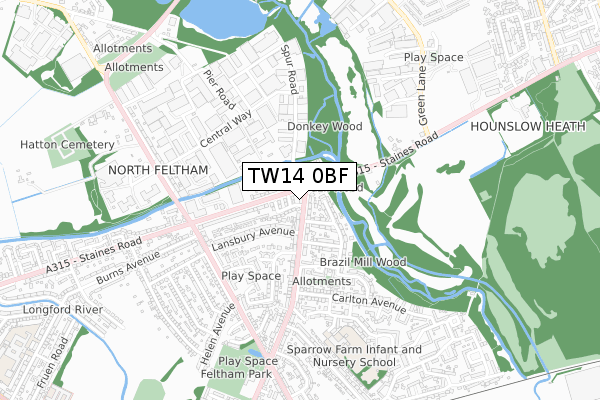 TW14 0BF map - small scale - OS Open Zoomstack (Ordnance Survey)