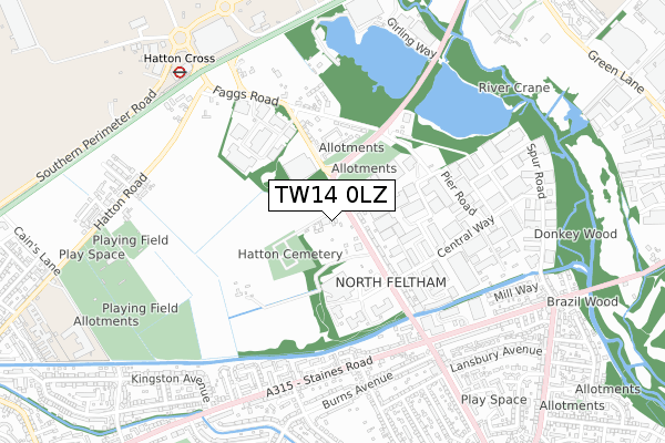 TW14 0LZ map - small scale - OS Open Zoomstack (Ordnance Survey)