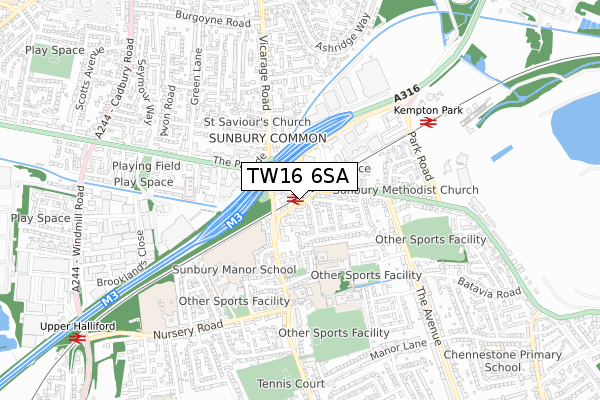 TW16 6SA map - small scale - OS Open Zoomstack (Ordnance Survey)