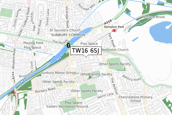 TW16 6SJ map - small scale - OS Open Zoomstack (Ordnance Survey)