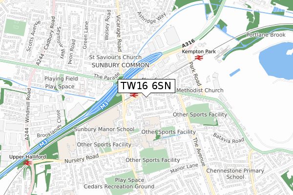 TW16 6SN map - small scale - OS Open Zoomstack (Ordnance Survey)