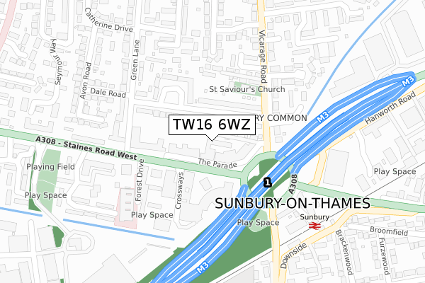 TW16 6WZ map - large scale - OS Open Zoomstack (Ordnance Survey)